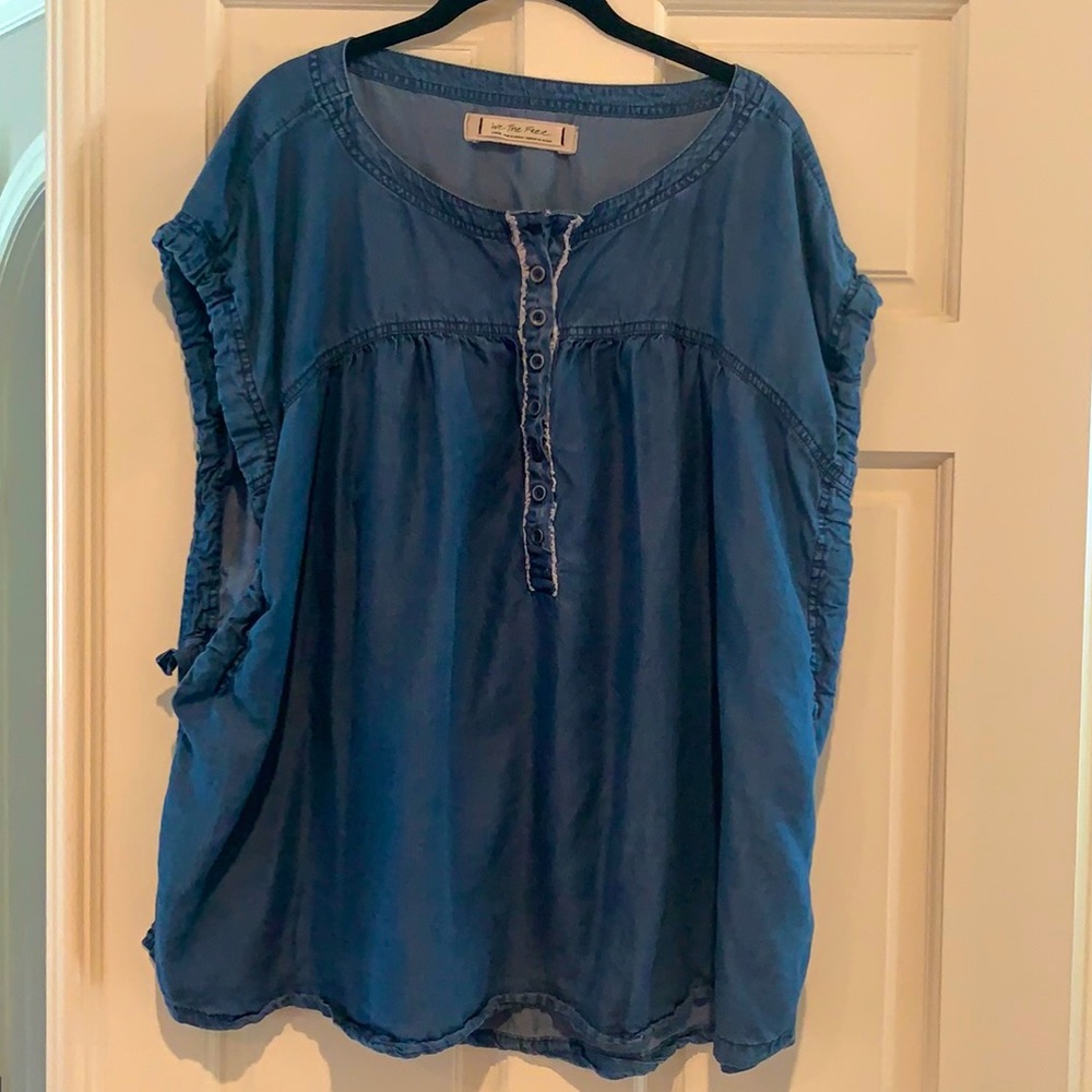 Free People Blue Washed Henley Ruffle Sleeve Top